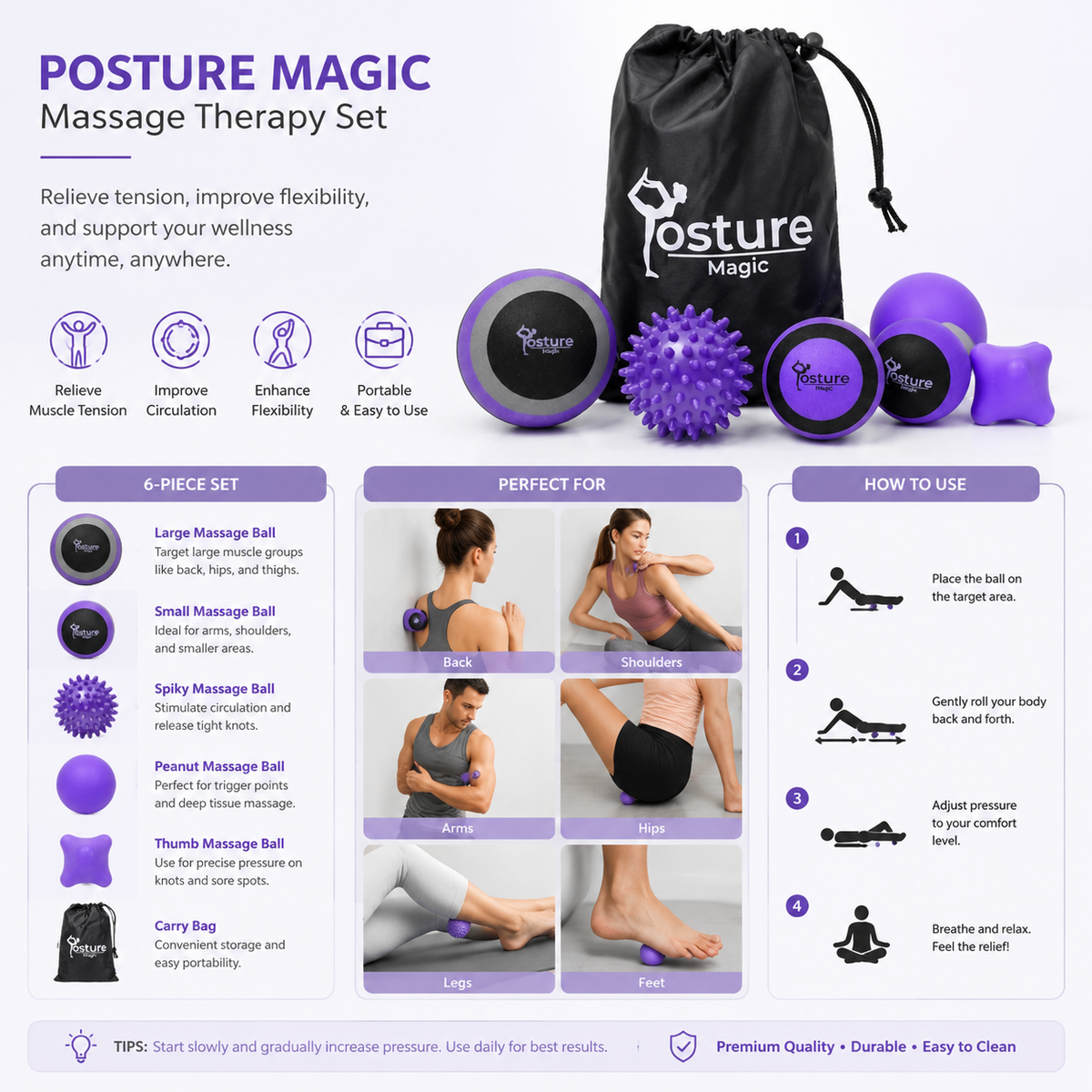 Magic Massage Ball Kit for Myofascial Trigger Point Release & Deep Tissue Massage - Set of 6 - Large Foam/Small