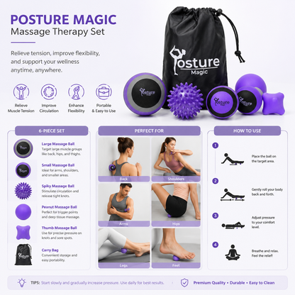 Magic Massage Ball Kit for Myofascial Trigger Point Release & Deep Tissue Massage - Set of 6 - Large Foam/Small