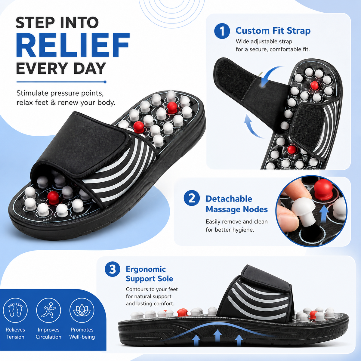 Acupressure Foot Massage Mat, Reflexology Tools, Spiky Ball Roller Therapy Sandals Shoes Slippers